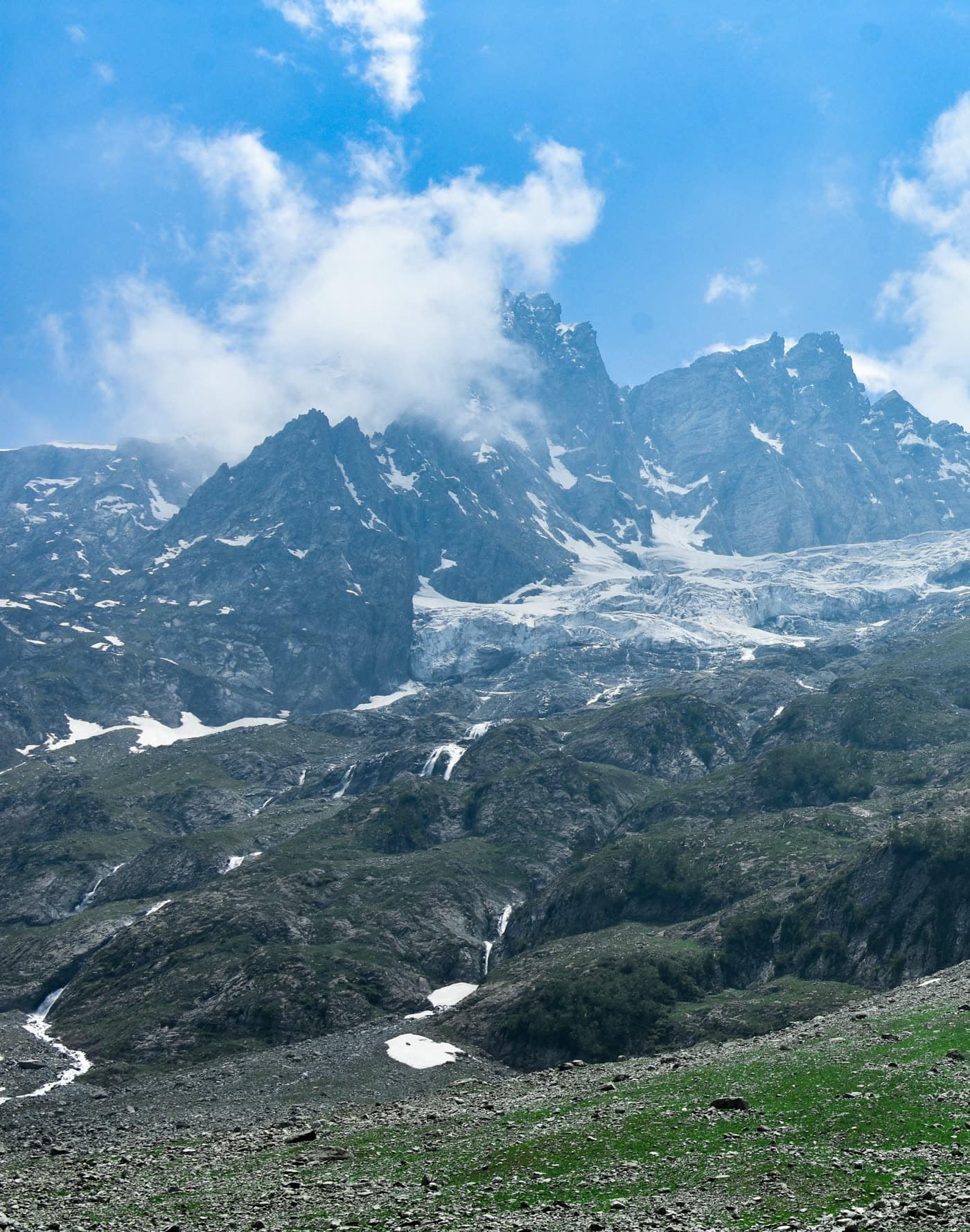 Snow-covered peaks above a Kashmir meadow
