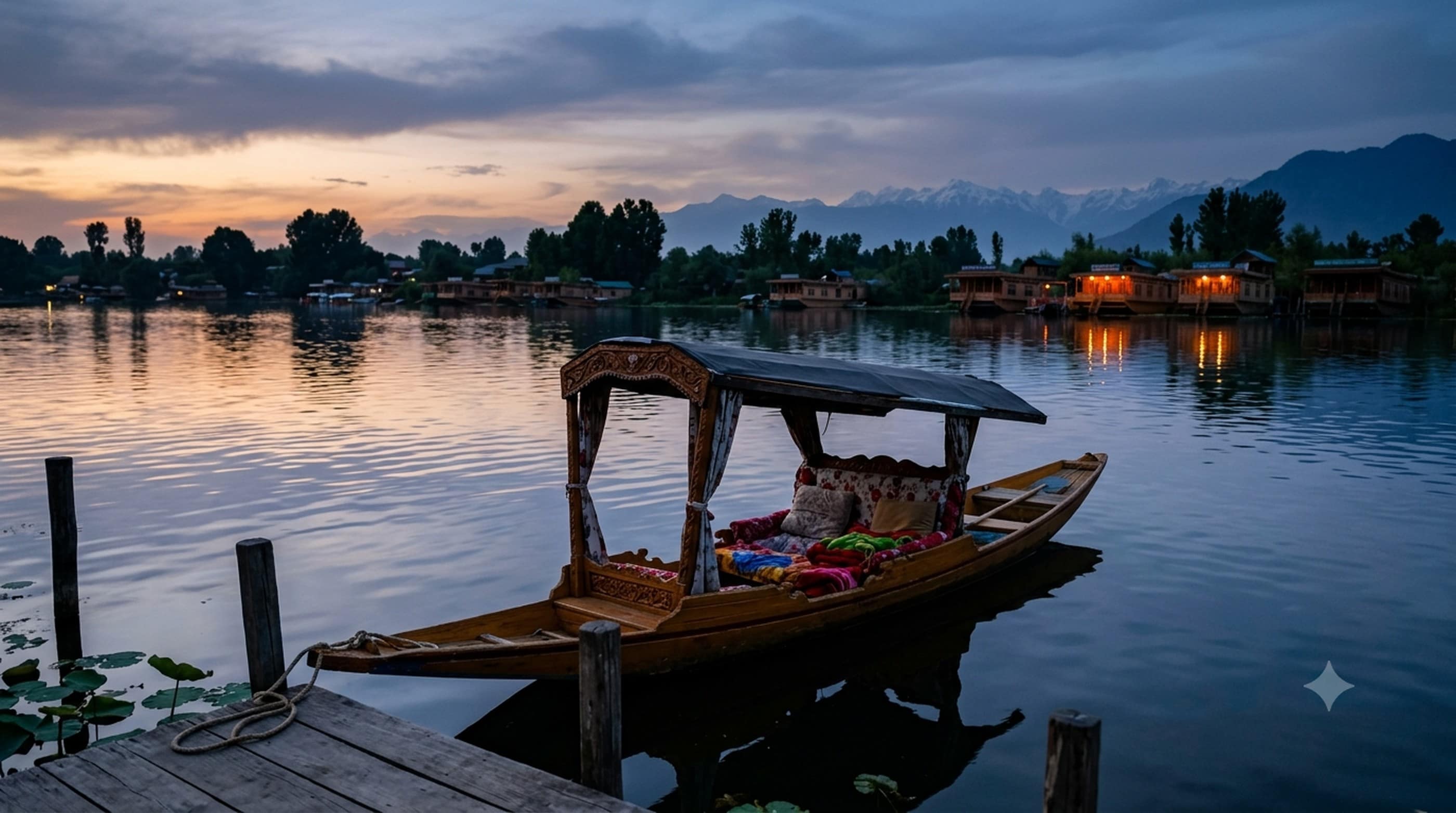 A shikara on Dal Lake at dusk, Srinagar, Kashmir