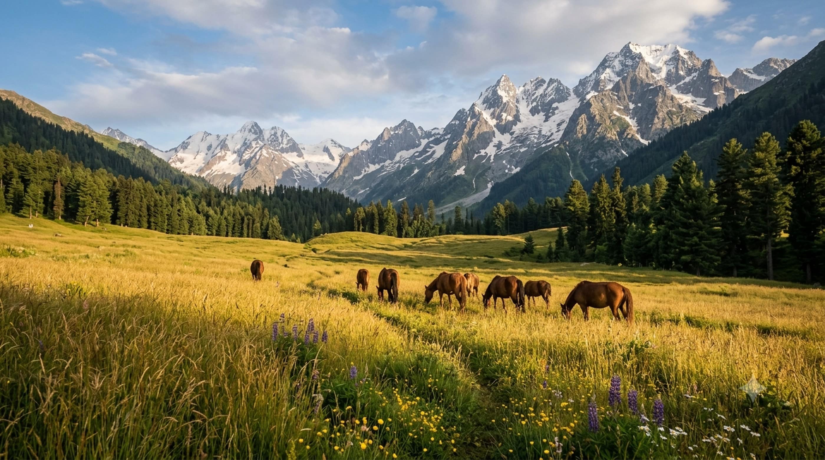 Golden meadow and horses below snow peaks at Sonmarg