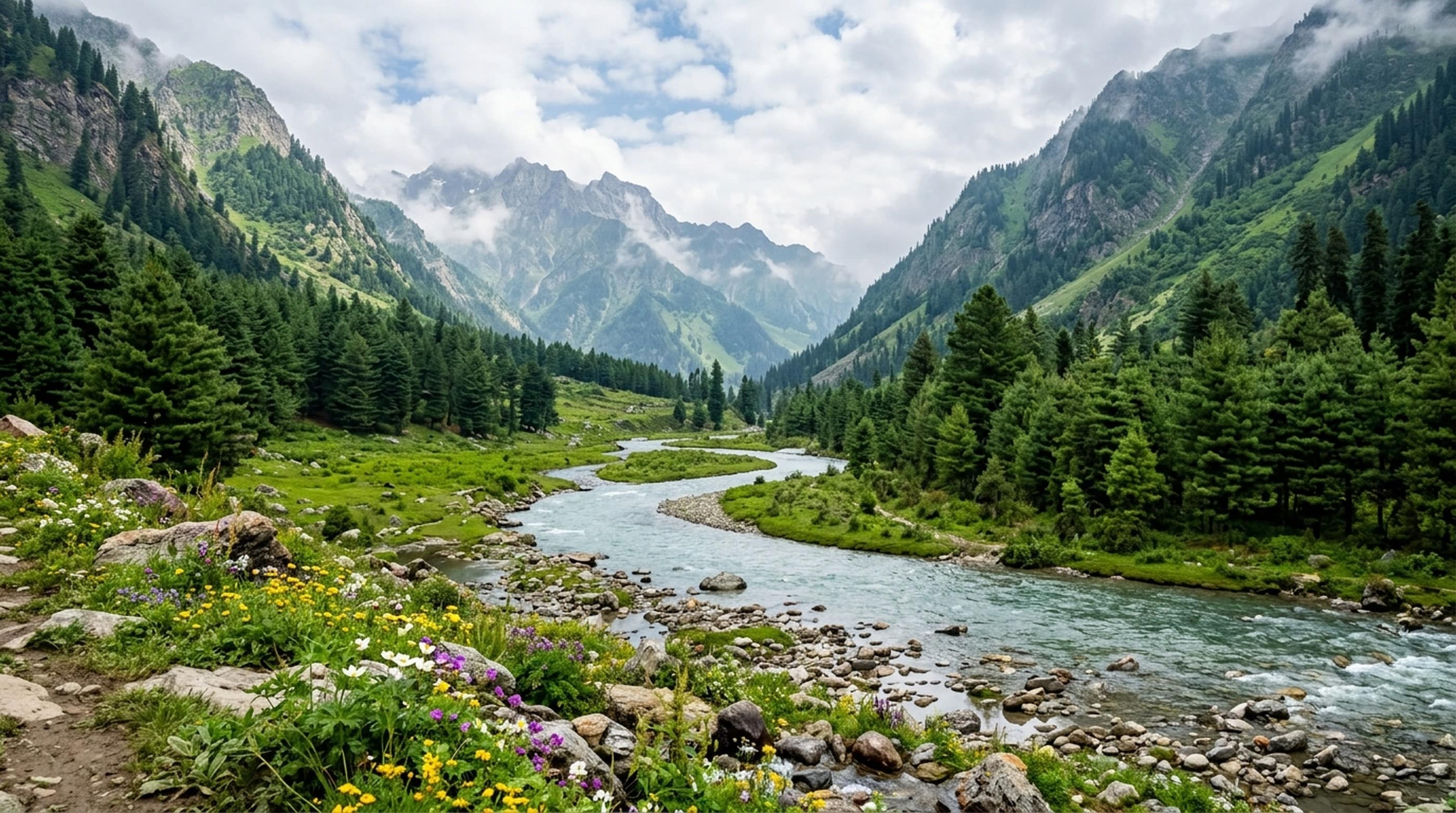 A green river valley in Pahalgam ringed by pines
